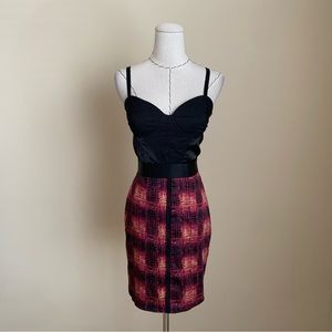 Bebe Dress Plaid Black Satin Gaultier Style Bustier sz XS